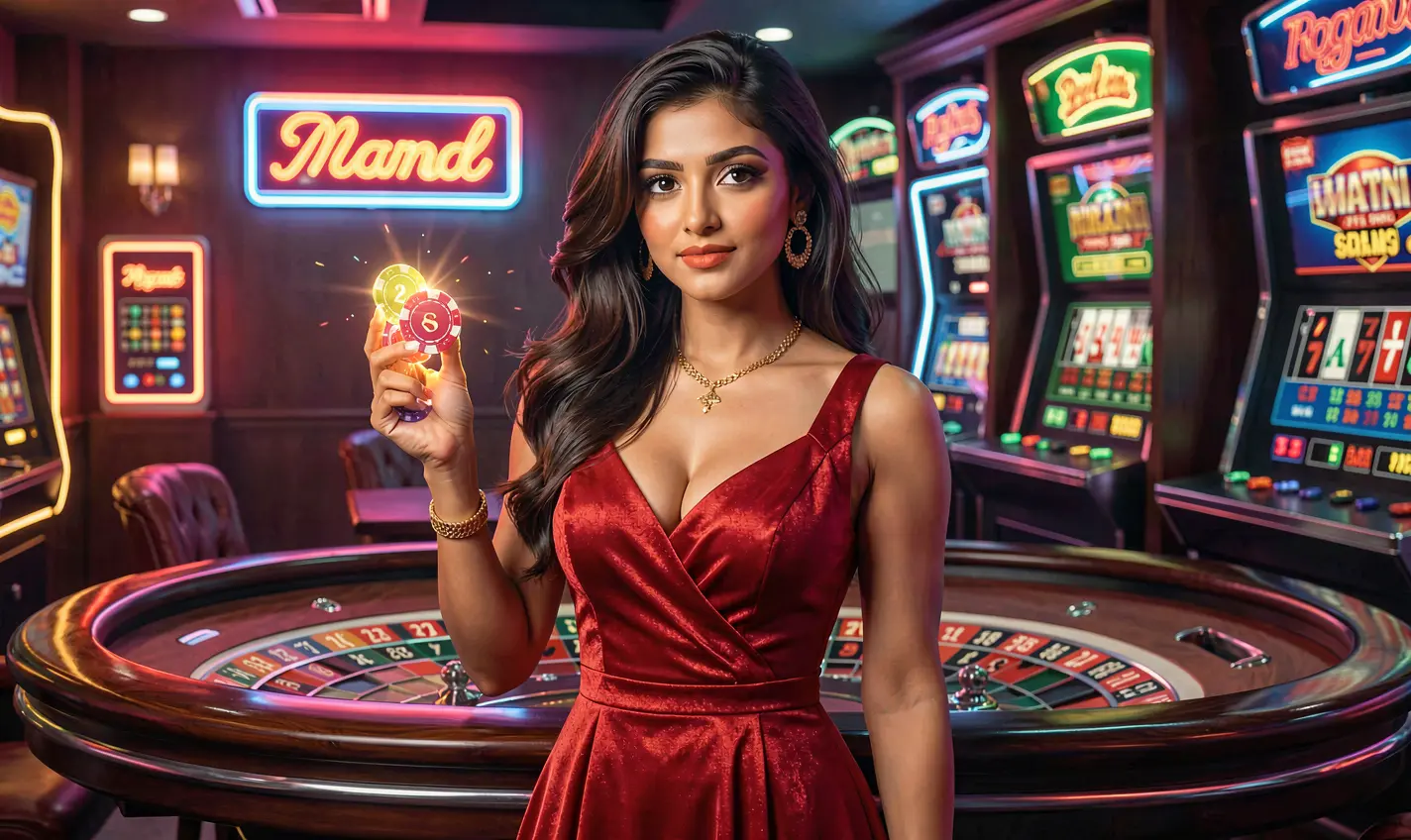 Confident casino player holding colorful chips in a vibrant gaming hall showcasing the premium online casino environment of 73OK in Bangladesh
