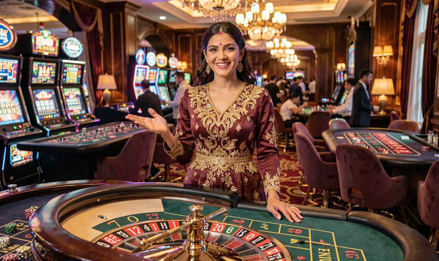 Charming live casino hostess standing at a roulette table with colorful lights behind her showcasing the vibrant live gaming atmosphere at 73OK Casino for players in Bangladesh