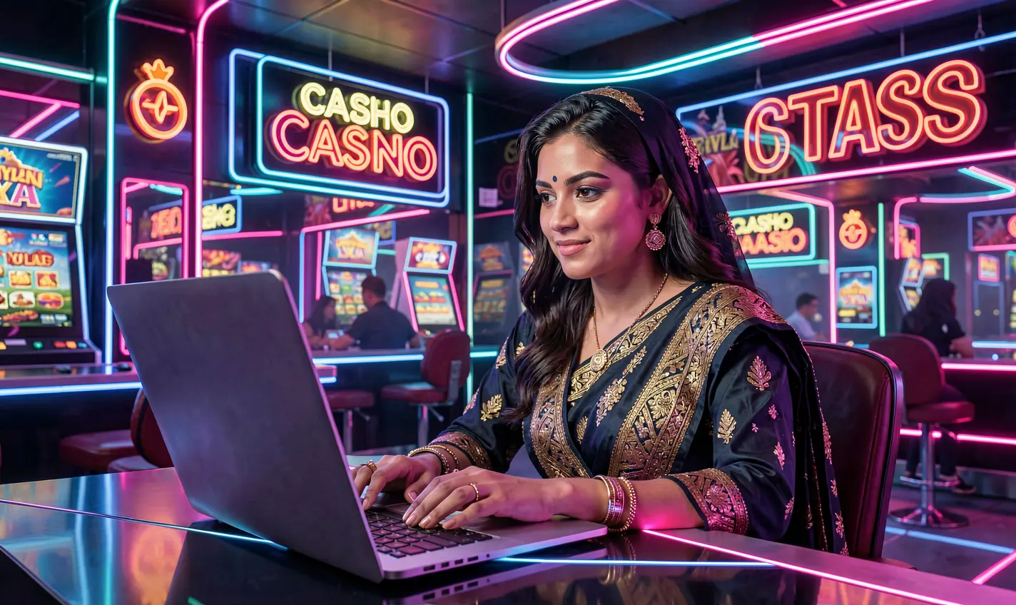 Focused Bangladeshi player enjoying colorful online casino games on a laptop with neon casino signs behind using 73OK