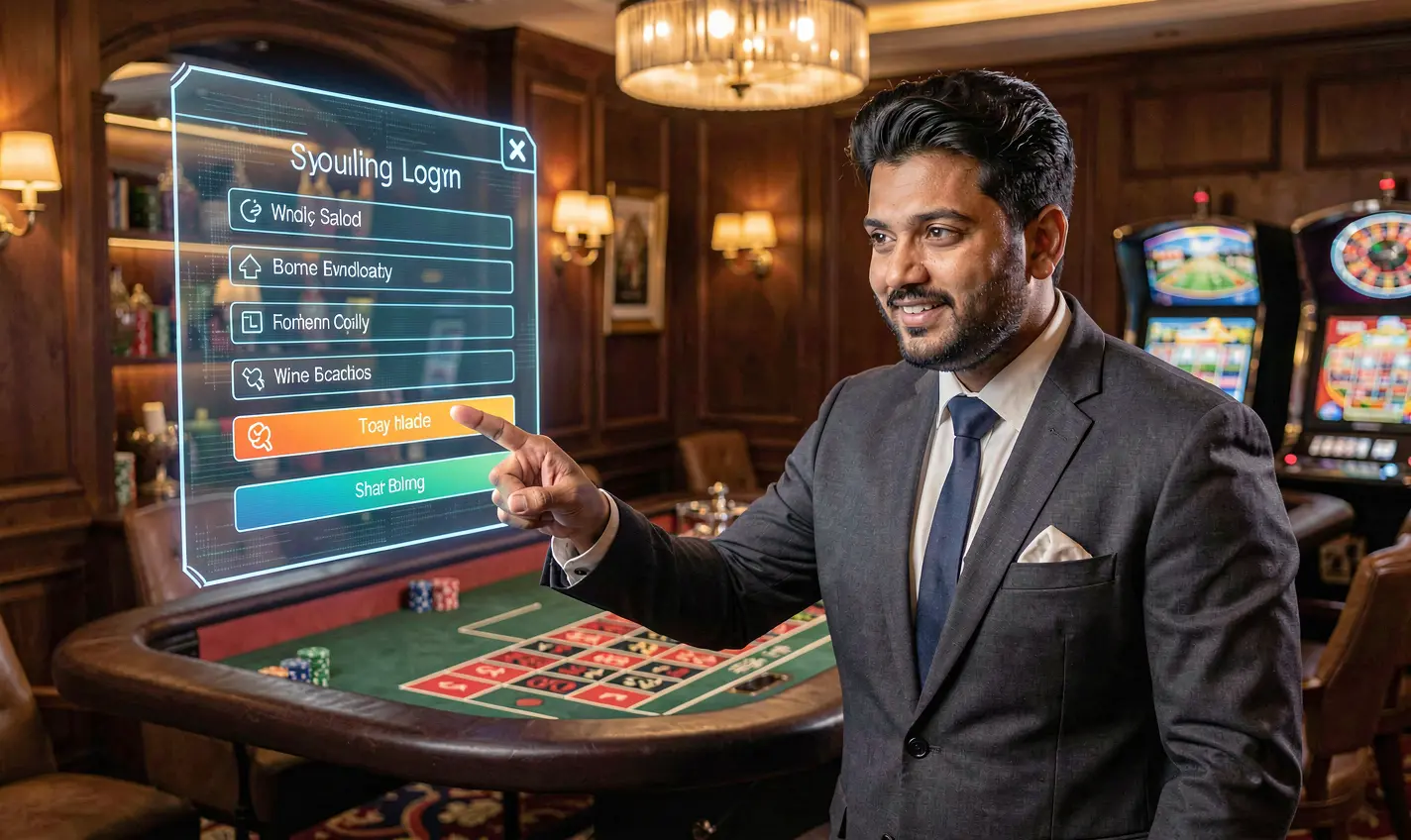 Professional Bangladeshi casino dealer pointing at a futuristic holographic login panel with a glowing roulette table behind him at 73OK Casino